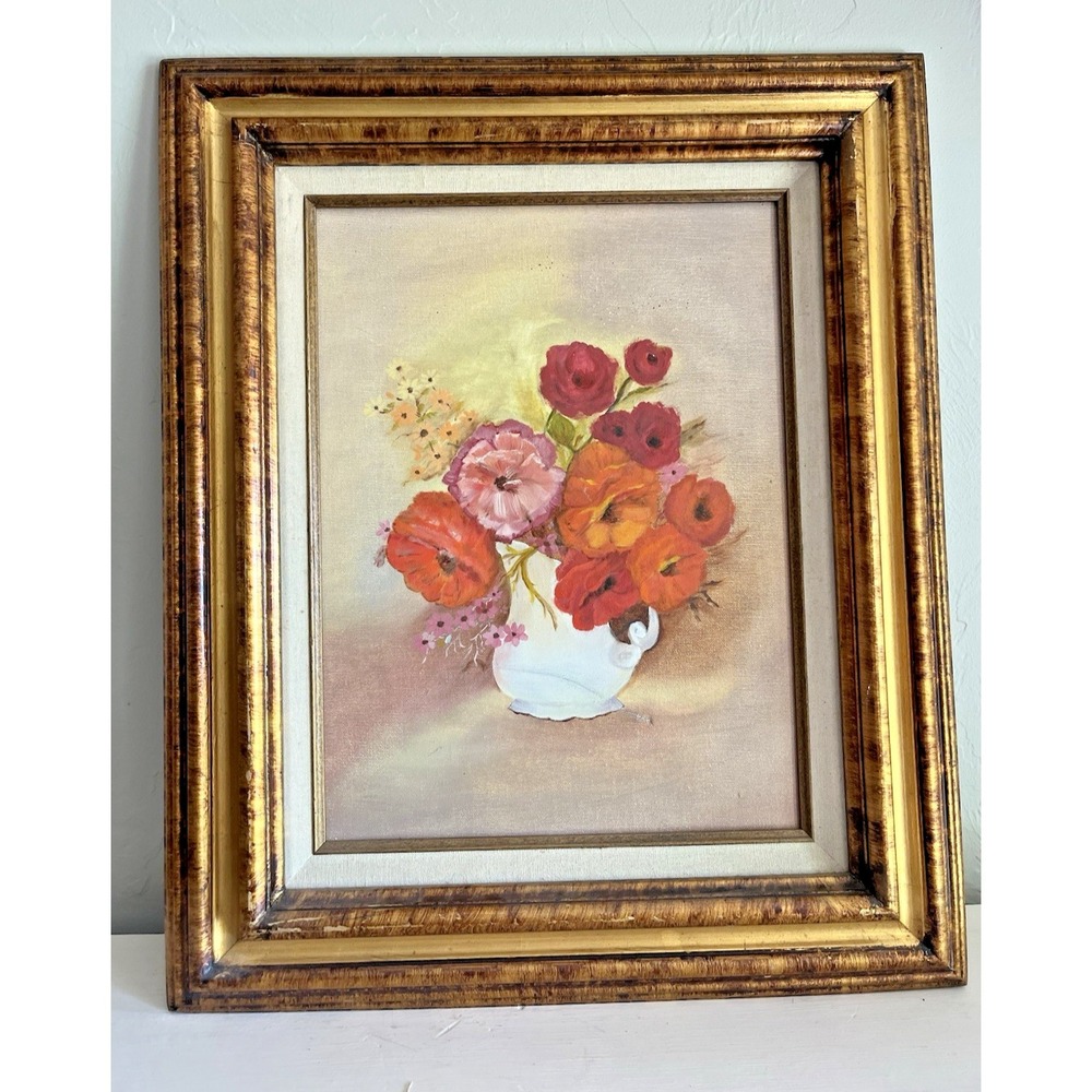 Original Art Painting Framed Flower Floral Still Life Bouquet Cottagecore 18x19"